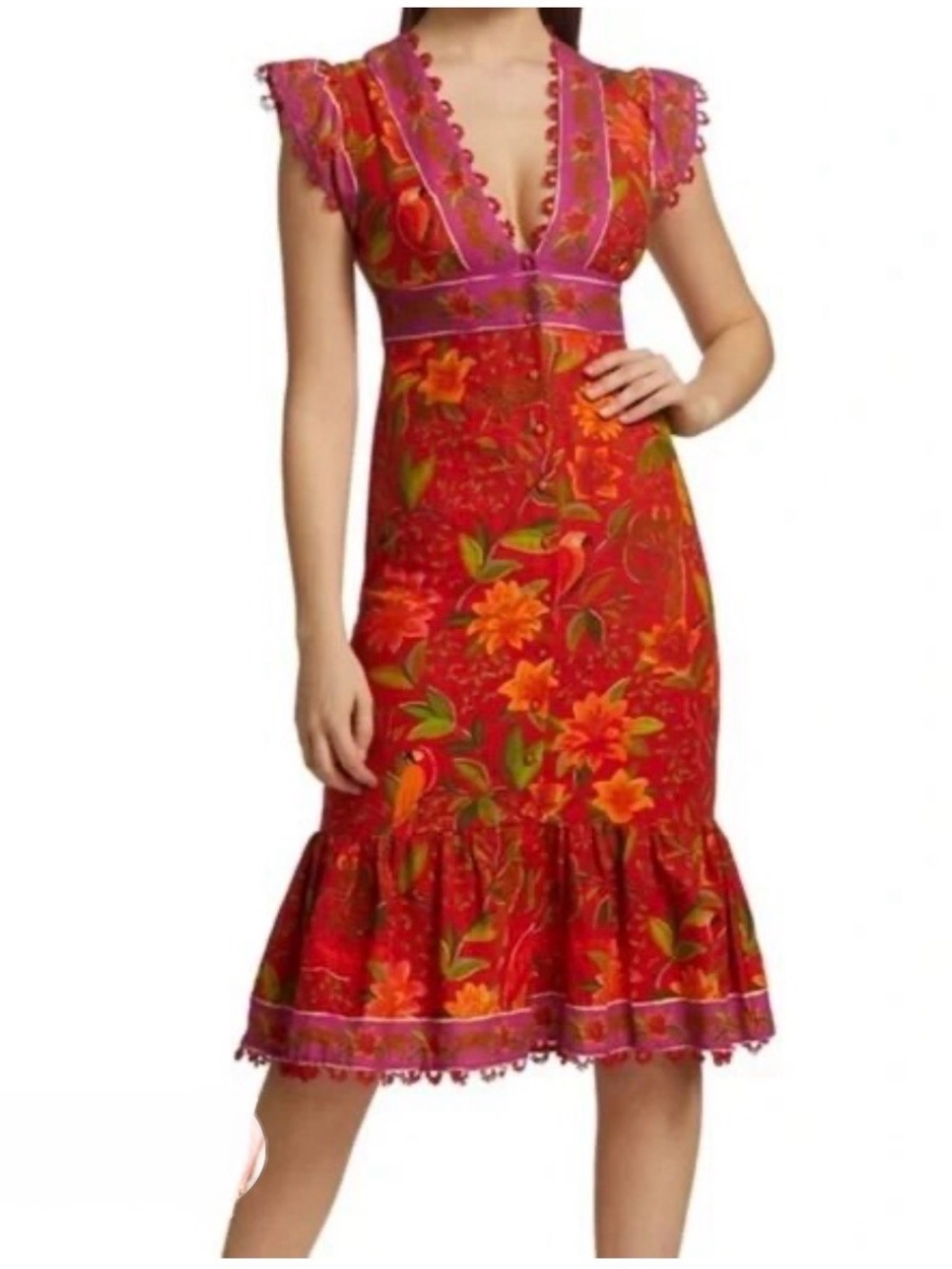 NWT FARM Rio Solar Forest Button Down Dress Red / Pink / Green Jungle Animal M